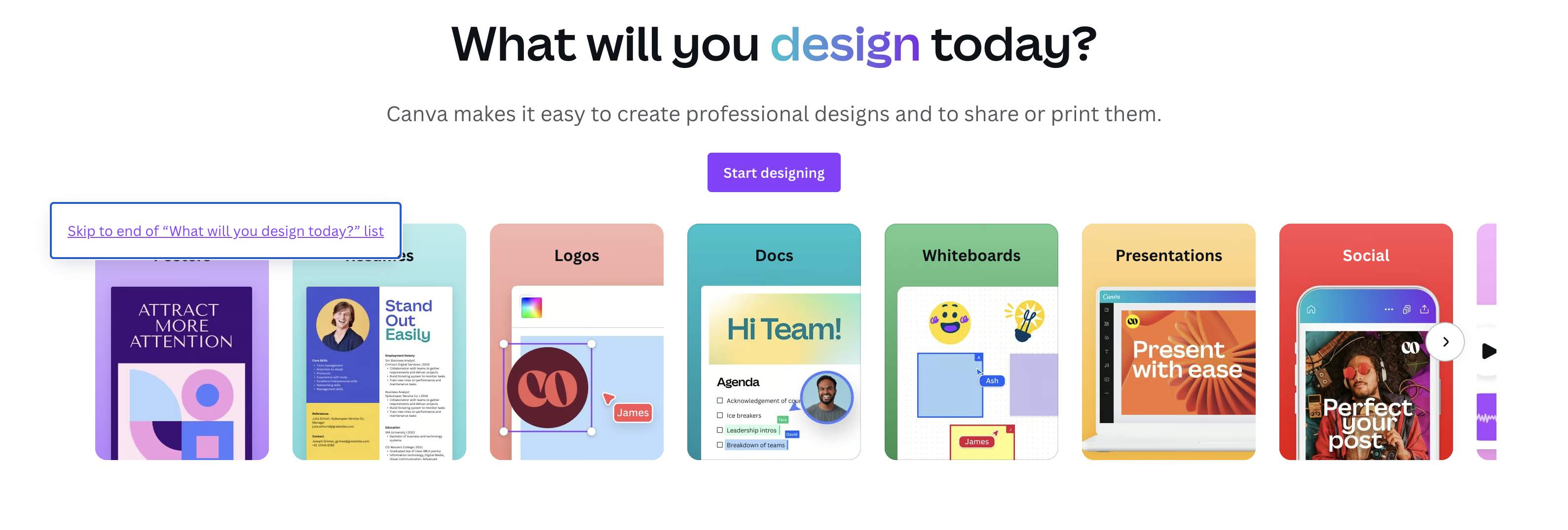 'What will you design today?' section and skip link with the text "Skip to end of What will you design today? list"